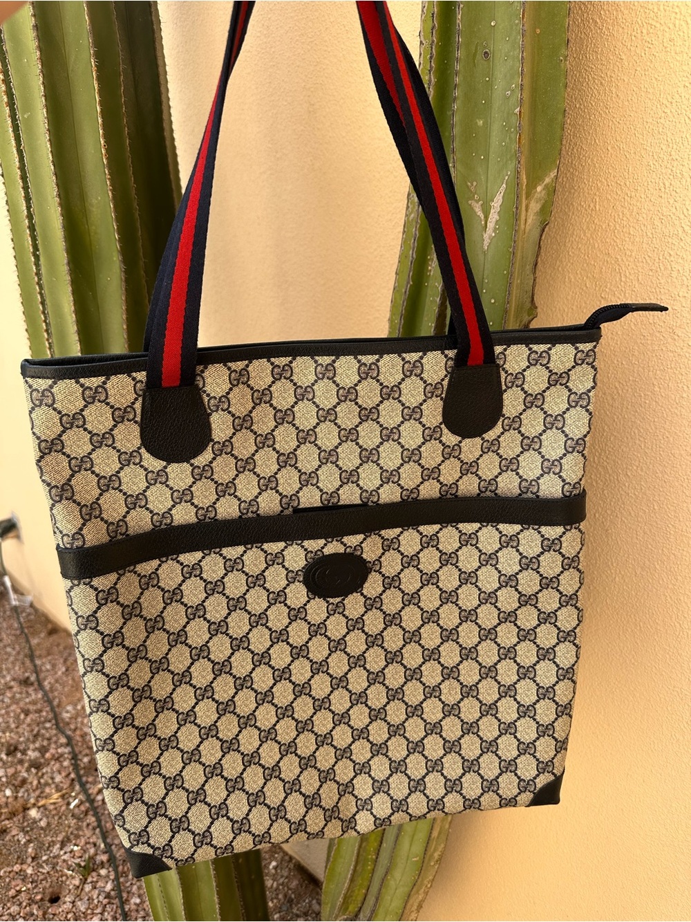 Gucci Beige Monogram Tote with Red and Navy Striped Handles